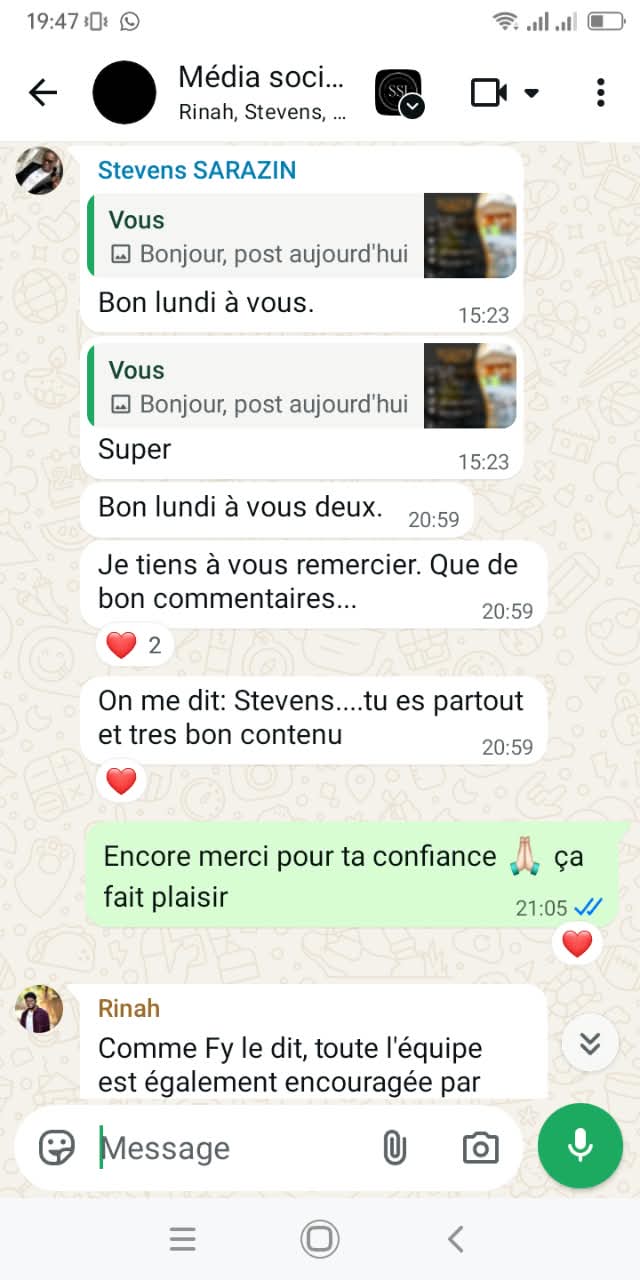 Capture complète de la conversation WhatsApp : Stevens remercie l’équipe pour les contenus et les bons commentaires reçus.